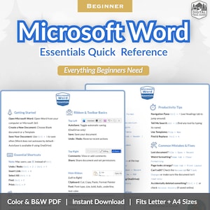 May include: A Microsoft Word Essentials Quick Reference guide for beginners. The guide includes essential shortcuts, ribbon and toolbar basics, and productivity tips. The document is available in color and black & white PDF, instant download, and fits letter and A4 sizes.