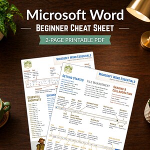May include: Two-page printable PDF cheat sheet for Microsoft Word, with the title "Microsoft Word Beginner Cheat Sheet". The document includes essential shortcuts, getting started instructions, file management, and collaboration tips. A cup of coffee and plants are on the wooden desk.