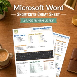 May include: A Microsoft Word shortcuts cheat sheet with a 2-page printable PDF. The document includes essential shortcuts, keyboard shortcuts, file management, text navigation, and inserting tools. A cup of coffee, a pen, and a notebook are on the wooden desk.