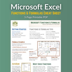 Excel Functions & Formulas Cheat Sheet Printable | Quick Reference PDF