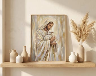 Quadro de Jesus segurando um cordeiro – Decoração cristã para quarto de bebê (Download digital)