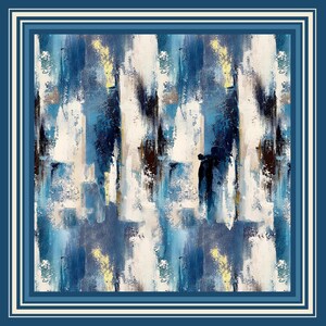 May include: Square scarf with an abstract design in shades of blue, white, and brown. The pattern features brushstroke-like textures, framed by a navy blue border with cream and navy stripes.