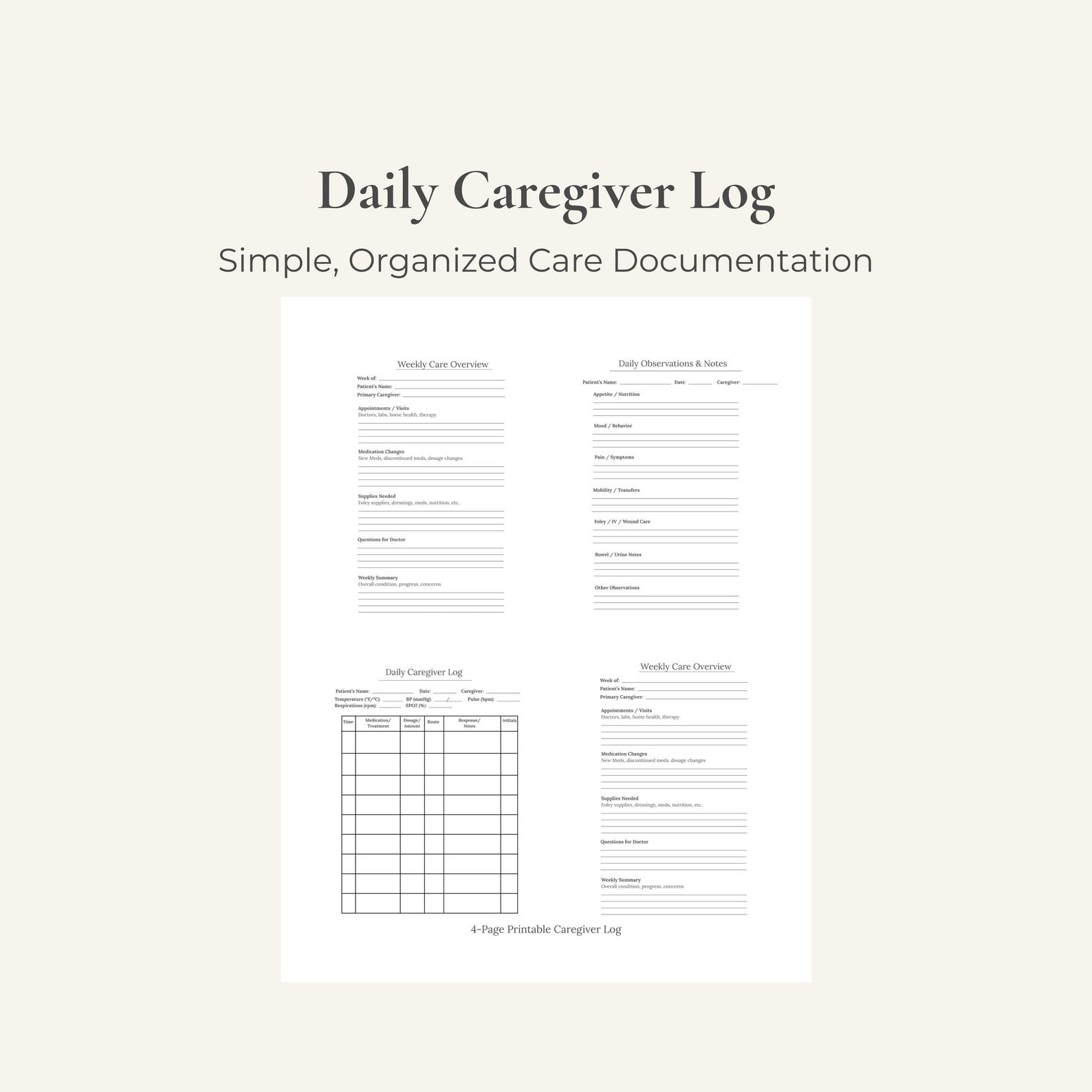 Daily Caregiver Log - Printable Care Documentation for Home & Medical ...