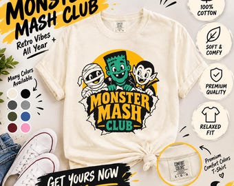 Monster Mash Club Retro Halloween T-Shirt, Frankenstein Mummy Vampire Tee (Garment-Dyed)