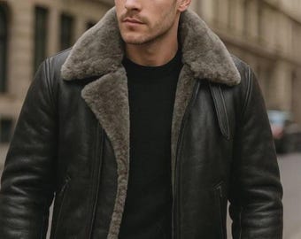 Men’s Shearling Leather Jacket, Black Aviator B3 Bomber Real Sheepskin, Lambskin Winter Coat