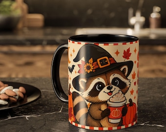 Halloween Raccoon Mug, Witch Coffee Cup, Autumn Fall Drinkware, Pumpkin Spice Animal Lover Gift