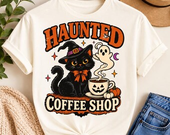 Haunted Coffee Shop T-Shirt, Halloween Ghost Shirt, Spooky Coffee Tee, Comfort Colors