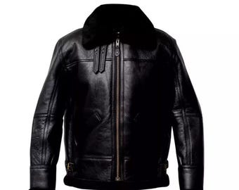 Black leather jacket with shearling fur, handmade jacket, Warm coat, gift for him