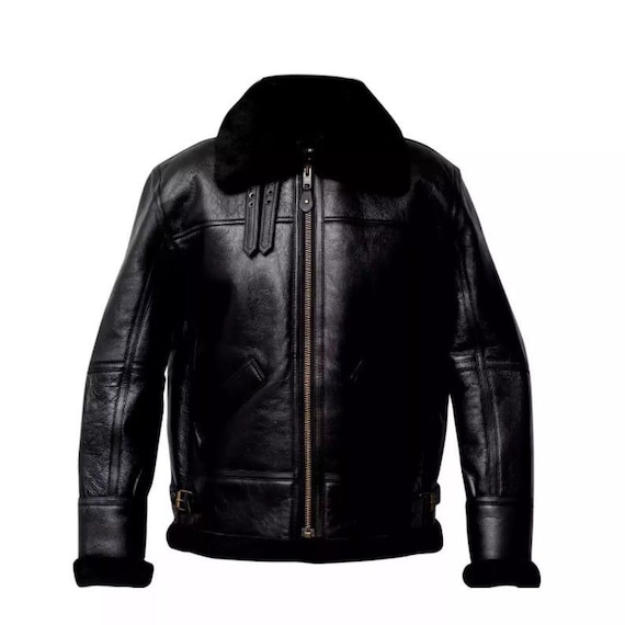 Black leather jacket with shearling fur, handmade jacket, Warm coat, gift for him