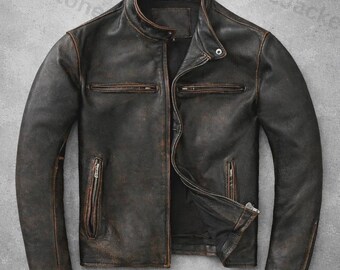 Vintage Distressed Leather Jacket Men Biker Style Slim Fit Retro Motorcycle Coat