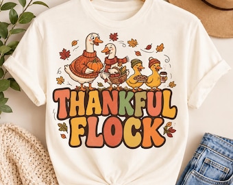 Comfort Colors® Thankful Flock Thanksgiving Ducks T-Shirt | Fall Leaves Turkey Alternative , Thanksgiving Shirt