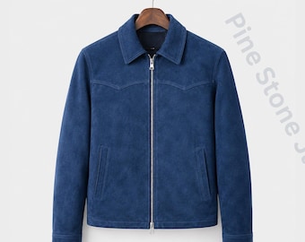 Men's Blue Suede Jacket, Western Zip Up Coat, Casual Workwear Jacket