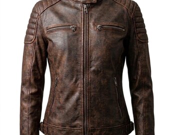Vintage Leather Jacket for Women Handmade Brown Moto Biker Real Fashion