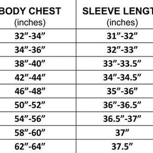 May include: A size chart with measurements in inches for body chest, sleeve length, and waist. Sizes range from XS to 5XL, with corresponding measurements for each size. The chart is designed to help customers find the right fit.