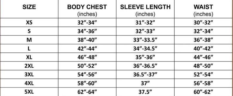 May include: A size chart with measurements in inches for body chest, sleeve length, and waist. Sizes range from XS to 5XL, with corresponding measurements for each size. The chart is designed to help customers find the right fit.