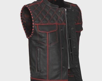 Black Leather Biker Jacket, Red Stitching, Quilted Shoulder Moto Coat