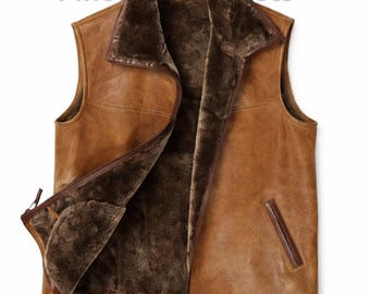 Men's Brown Genuine Shearling Leather Vest – Warm Sheepskin Fur Lined Waistcoat
