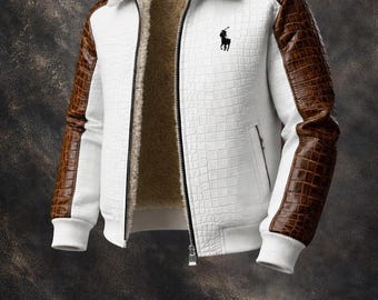 Men's White Leather Varsity bomber Jacket, Genuine Handcrafted, Brown Croc Sleeves, Shearling Collar
