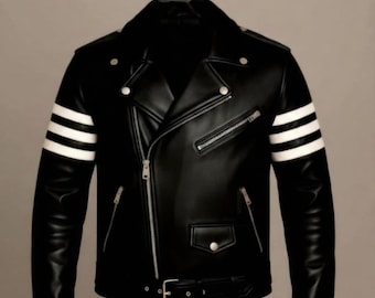 Men's Faux Leather Biker Jacket, Vintage Motorcycle Style with White Racing Stripes, Slim Fit