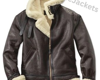 RAF B-3 Shearling Aviator Leather Jacket WW2 US Navy Flying Irvin Fur Men's Coat