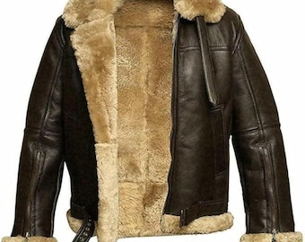 Men's Brown Shearling B3 Bomber Jacket: Handmade Aviator Sheepskin Leather Coat