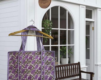 Purple Floral Block Print Quilted Tote Bag - Large Cotton Shoulder Bag, Handmade Boho