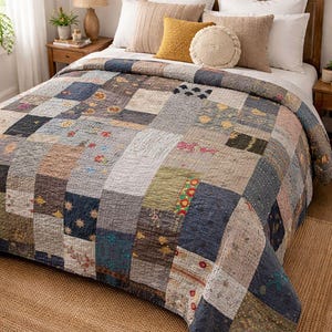 Puede incluir: Un edredón patchwork con una variedad de colores apagados, incluyendo azul, gris y beige. El edredón presenta un patrón rectangular con detalles florales bordados. La cama está hecha con almohadas y una alfombra de yute.