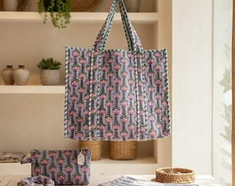 Floral Quilted Tote Bag for Women Handcrafted Cotton Block Print Handbag  Eco Friendly Gift