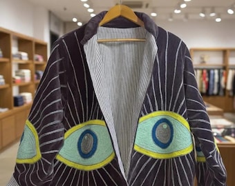 Embroidered Velvet Jacket, Suzani Evil Eye Boho Statement Coat