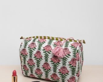 Bolsa de maquillaje acolchada con diseño floral hecha a mano, bolsa de algodón para cosméticos con borlas, organizador de artículos de tocador de viaje.