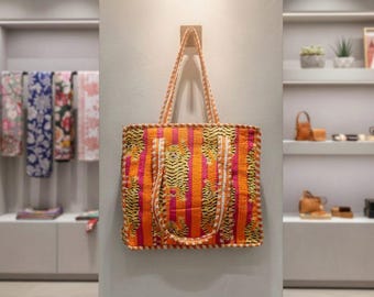 Handmade Quilted Cotton Tote Bag | Tiger Print Travel Shopping Bag