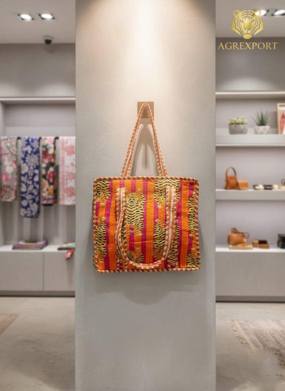 Indian Handmade Quilted Tote Bag  Bold Tiger Print Cotton Carry Bag | Travel & Shopping Tote