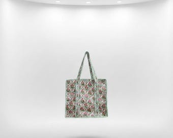 Handcrafted Floral Quilted Tote Bag, Eco Friendly Cotton Carry Bag for Daily Use