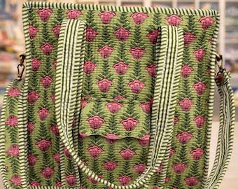 Agexport Handmade Quilted Floral Tote Bag  Green Pink Block Print Shoulder Bag
