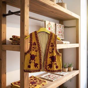 May include: Mustard yellow embroidered vest with burgundy floral designs, hanging on a yellow hanger. The vest is displayed on a wooden shelf with other textiles and small potted plants. The shelf is part of a rustic display.