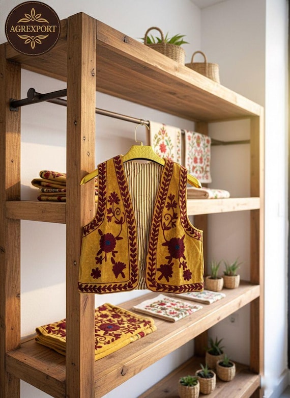 Handmade Mustard Yellow Velvet Embroidered Sleeveless Jacket  Boho Floral Ethnic Vest
