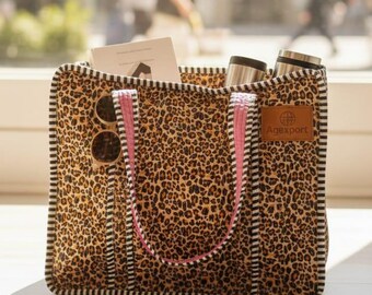 Indian Kantha Bag  Leopard Print Cotton Tote , Eclectic Boho Shoulder Bag , Reusable Market Bag with Pink Straps