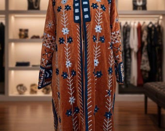 Handmade Rust Velvet Embroidered Coat - Vintage Floral Ethnic Jacket
