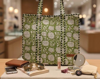 Borsa a tracolla in cotone trapuntato con motivo floreale verde fatta a mano, borsa a tracolla ecologica