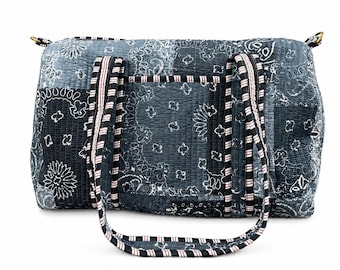 Black Bandana Print Quilted Duffel Bag Handmade Cotton Weekender Travel Bag  Overnight Gym Tote Boho Patchwork Carry Bag