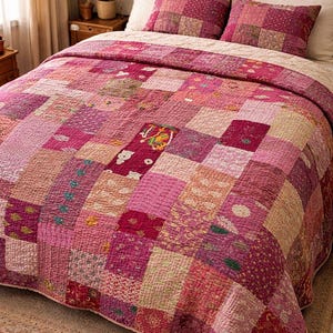 Op de afbeelding: Een patchwork quilt en twee bijpassende kussenslopen in tinten roze, roos en crème. De quilt heeft een verscheidenheid aan stoffen vierkanten met patronen, waardoor een textuurrijk en kleurrijk ontwerp ontstaat. Het beddengoed ligt op een houten bedframe.