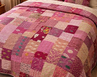 Khambodia Kantha Quilt Rosa Patchwork | Handgjort Boho Överkast Vintage Gudari Filt