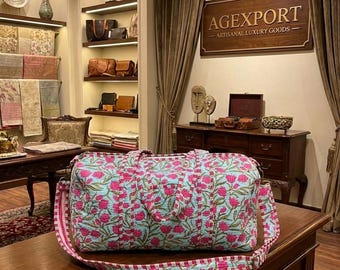 Boho Floral Quilt Duffel Bag, Handmade Cotton Overnight Travel Bag