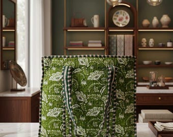 Handmade Quilted Cotton Tote, Green Floral Everyday Tote Bag