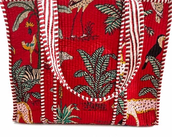 Handmade Quilted Cotton Tote Bag, Red Leopard & Palm Beach Bag with Striped Lining, Roomy Market Shopper, Boho Travel Shoulder Purse