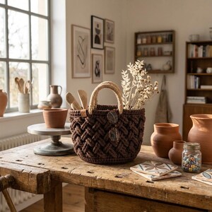 May include: A dark brown, thick-knit yarn basket with two sturdy handles, containing wooden utensils and dried botanical stems. The basket sits on a wooden workbench alongside terracotta pottery, a glass jar of beads, and patterned tiles.