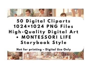 Montessori-Baby-Cliparts – 50 PNG-Illustrationen für Kleinkinder im Bilderbuchstil – Digitaler Download