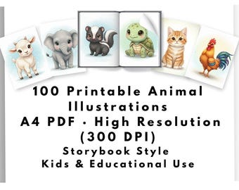 100 druckbare Tierillustrationen – Kindergeschichten-Paket – Tier-Cliparts – Hochauflösendes PDF – Spanisch – Englisch