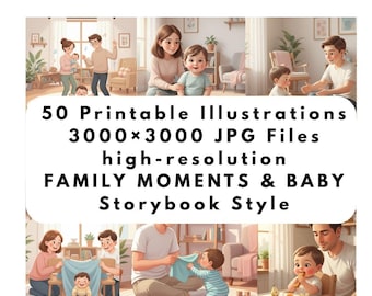 Familienmomente Clipart – 50 gemütliche Bilderbuch-Illustrationen (PNG) – Digitaler Download