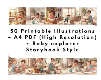 Baby-Entdecker-Kunst zum Ausdrucken – 50 A4-Bilderbuchillustrationen (PDF) – Wanddeko-Set fürs Kinderzimmer